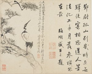 風景、花と鳥：松の鶴、清王朝、1780年（紙にインク）